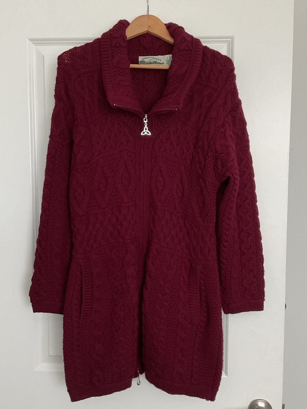 Aran crafts 100% merino Ireland maroon long. L cardigan